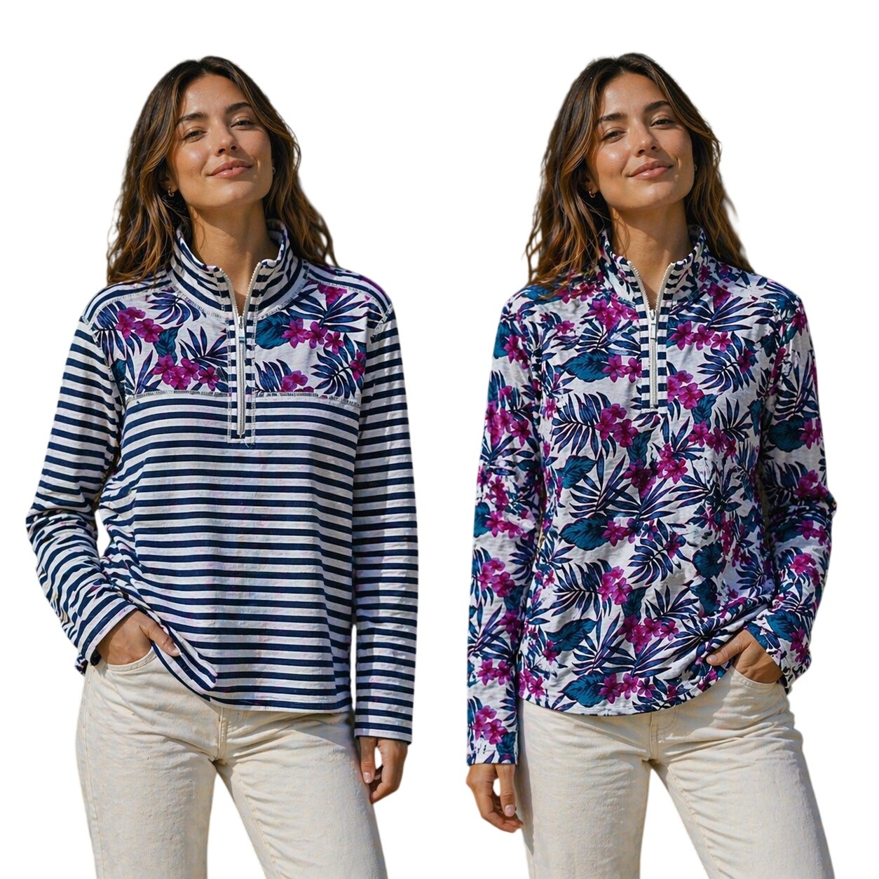 Tommy Bahama -862 Reversible Half Zip Pullover Floral Stripe Navy White Large